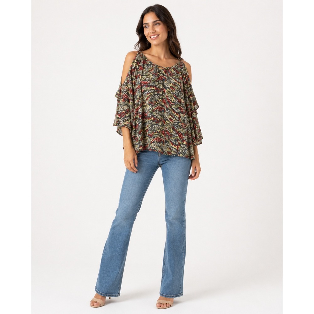 Parker Multi Color 100% Silk Cold Shoulder Ruffle Sleeve Relaxed Blouse XS